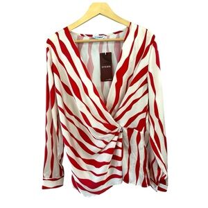 Bold Striped Satin Wrap Top – Red & White XL New